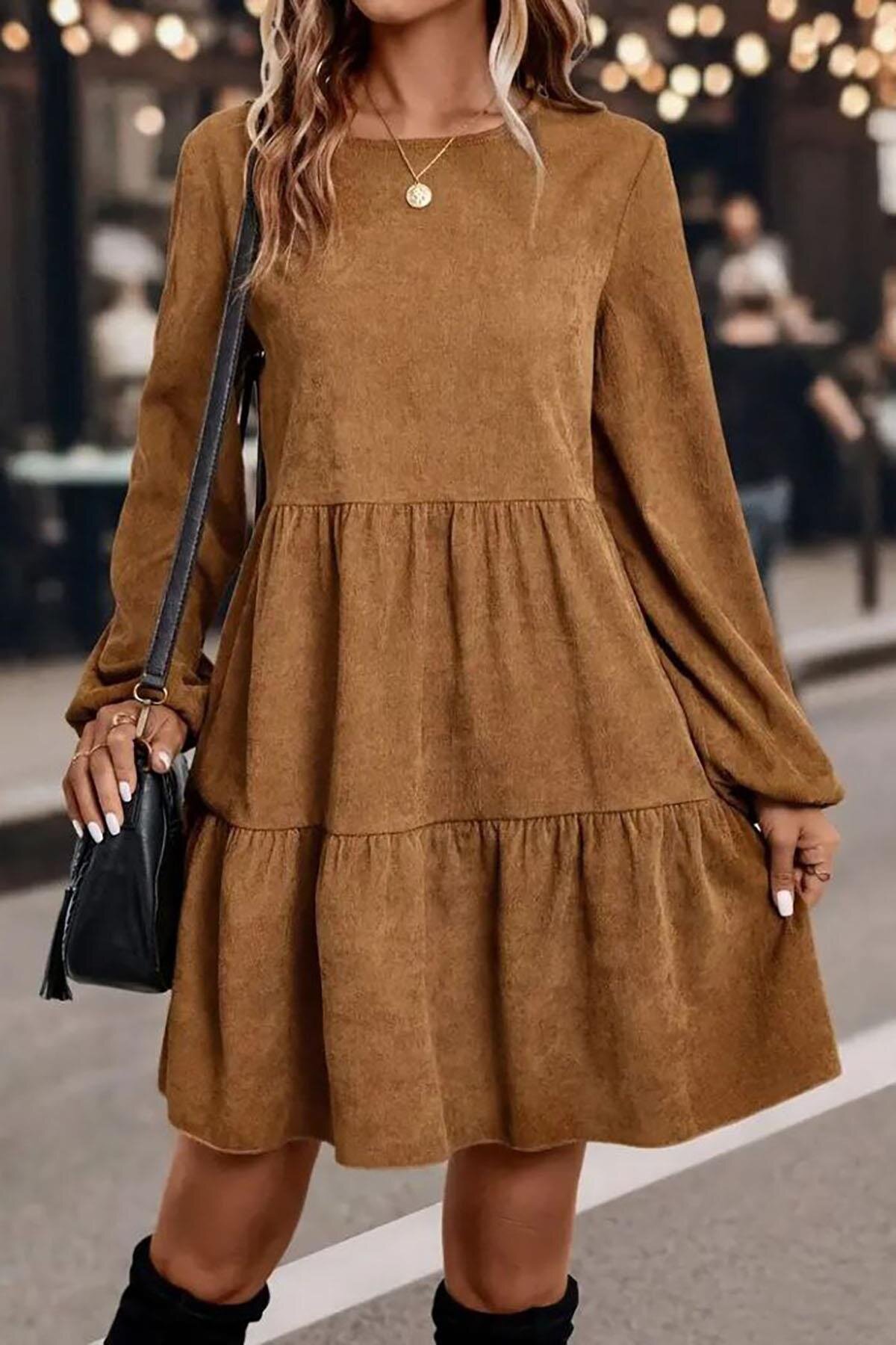 Brown Coffee Long Sleeve Elastic Cuff Suede Mini Dress - Deafox