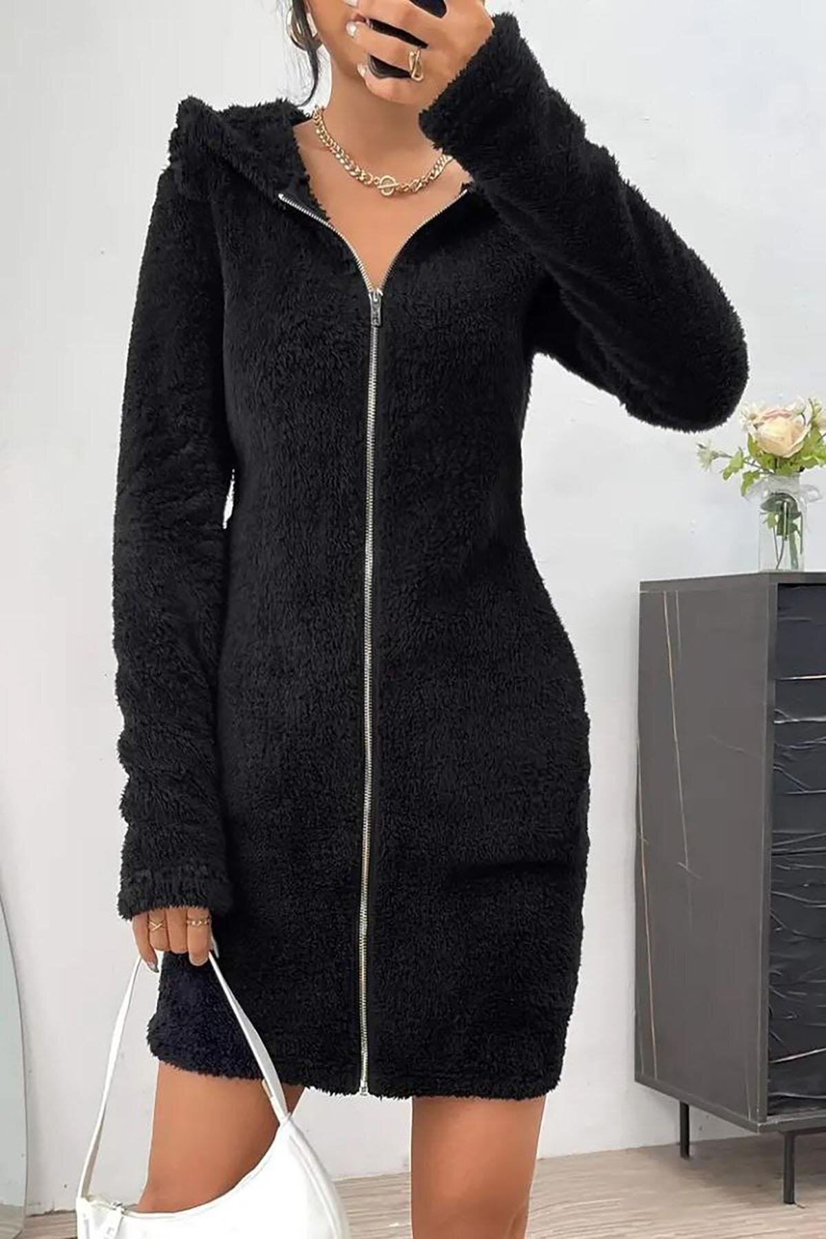 Black Long Sleeve Hooded Front Zipper Pocket Detailed Short Plush Mini Dress - Deafox