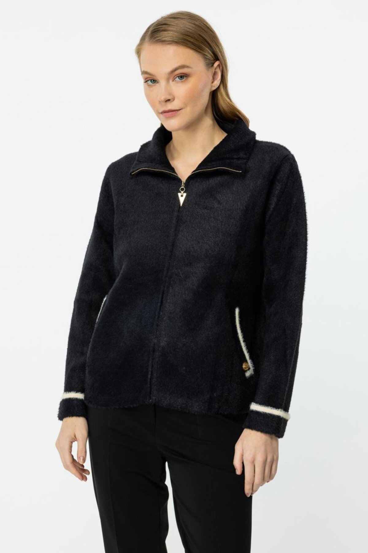 Black Zippered Stand Collar Cardigan - Onteks