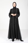 Siyah Taşlı Tül Detaylı Abaya