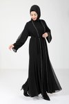 Siyah Taşlı Tül Detaylı Abaya