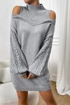 Gri Uzun Kollu Saç Örgü Balıkçı Yaka Detay Mini Triko Elbise