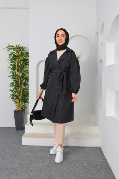 Black Balloon Sleeve Trench Coat