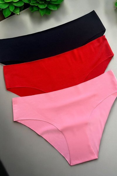 Kırmızı Pembe Siyah 3'lü Takım Dikişsiz Lazer Kesim Likralı İz Yapmaz Slip Bikini Külot