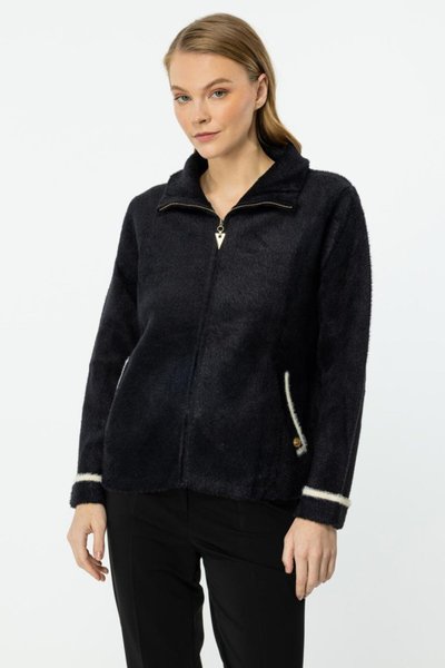 Black Zippered Stand Collar Cardigan