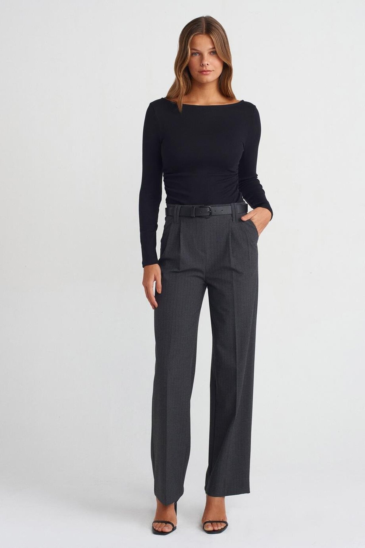 Anthracite Belted Smart Trousers - Dilvin