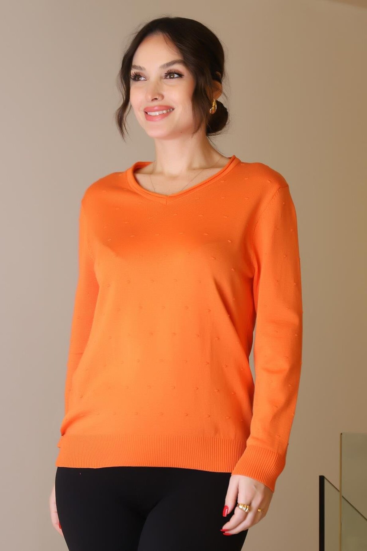 Orange V Neck Long Sleeve Knit Sweater - Gala-pudra