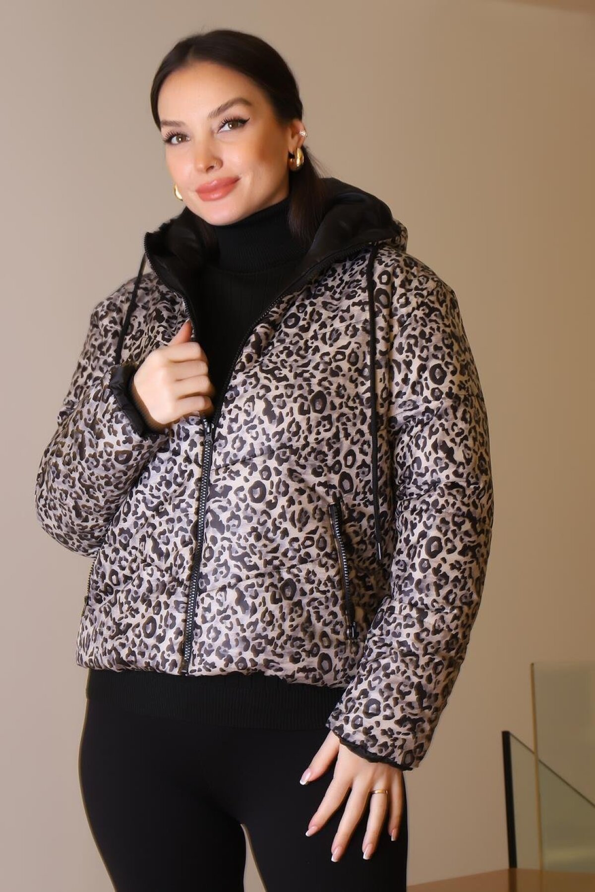 Beige Leopard Patterned Hooded Coat - Pınar Giyim