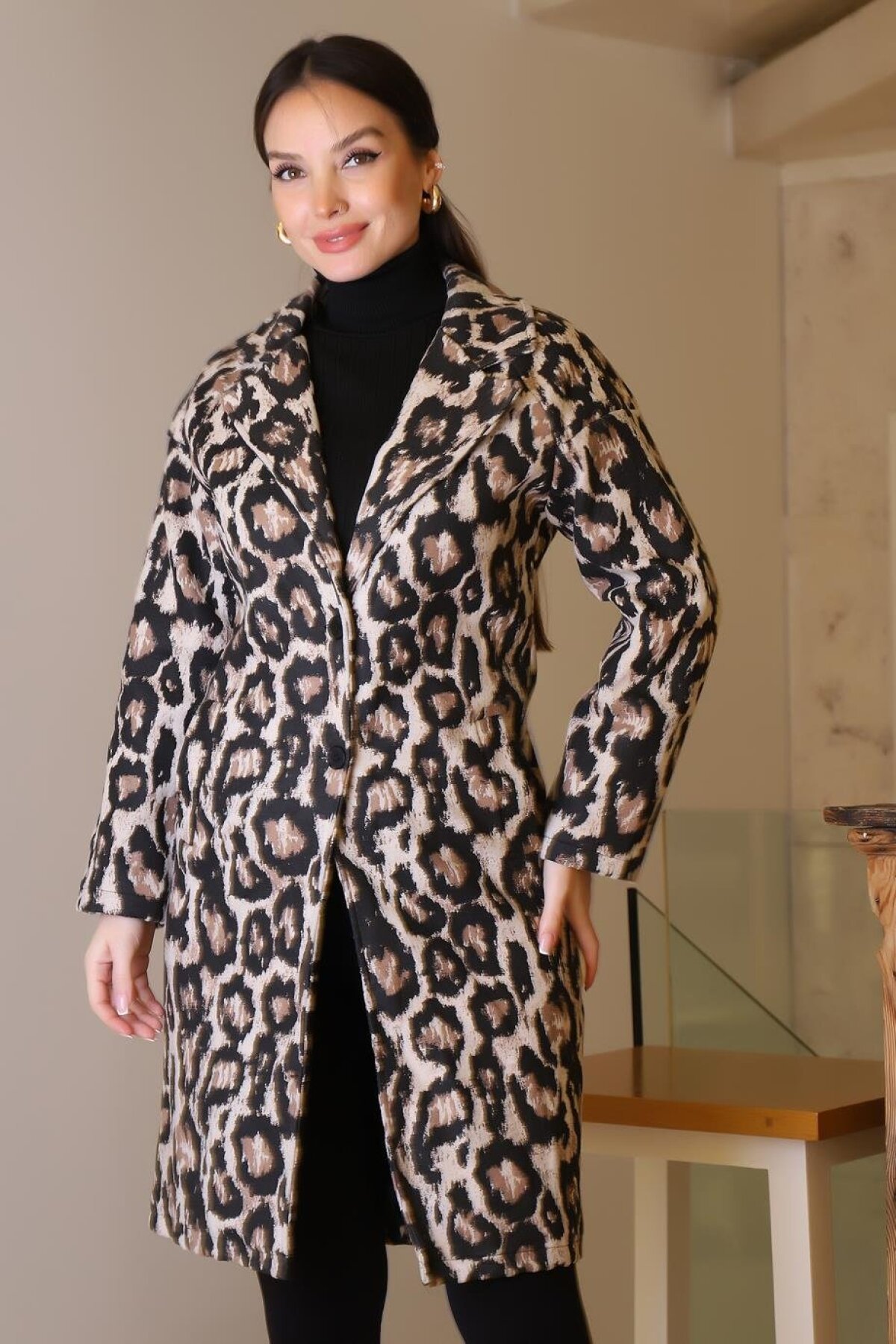 Coffee Leopard Notched Collar Coat - Pınar Giyim