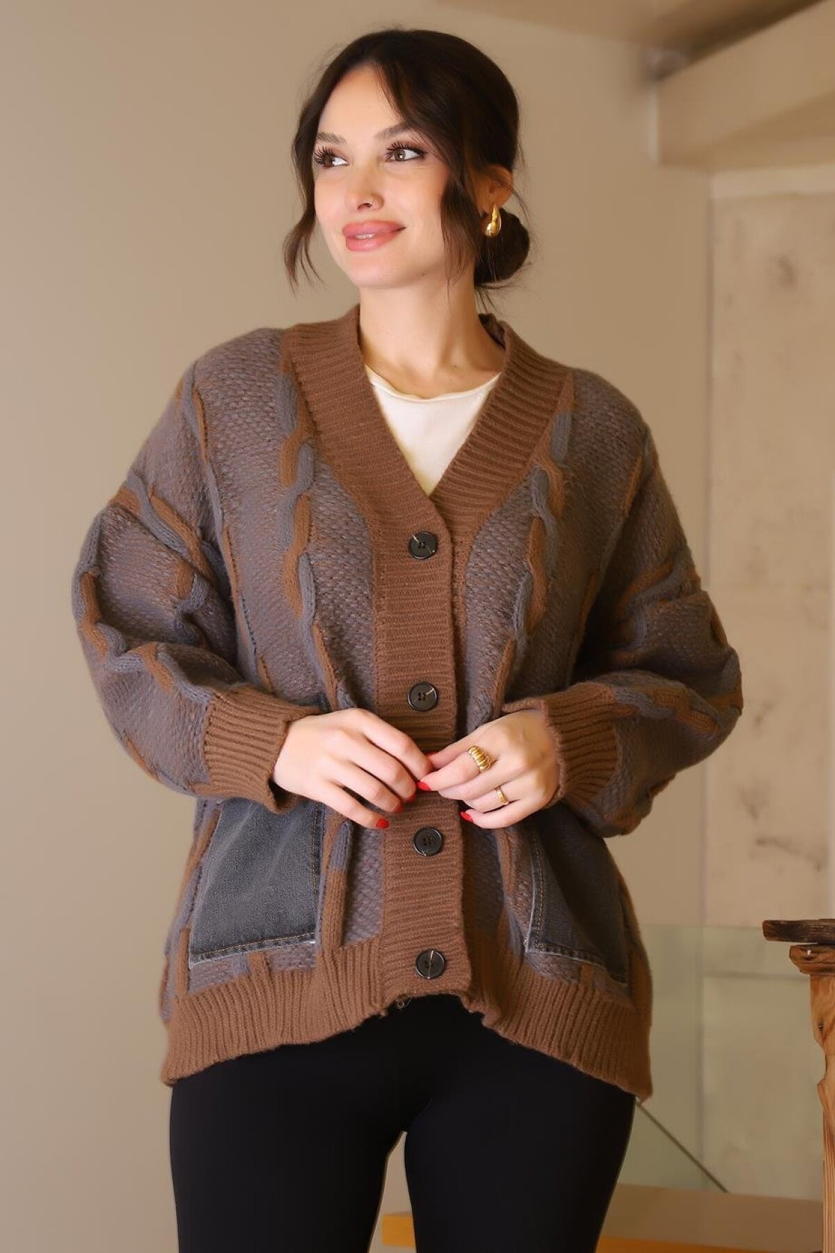 Camel Knit Pattern Cardigan Jacket - Robin