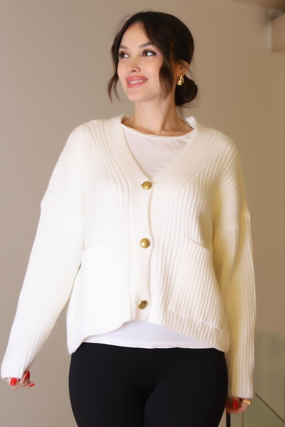 Cream Gold Button Long Sleeve Jacket - Robin