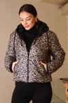 Bej Leopar Kapüşonlu Desenli Kaban