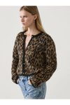 Kahverengi Bisiklet Yaka Leopar Desenli Yünlü Hırka