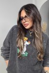 Antrasit Teddy Baskı Yırtık Detaylı Yıkamalı Sweatshirt