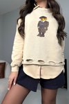 Taş Teddy Baskı Yırtık Detaylı Yıkamalı Sweatshirt