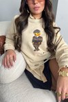 Taş Teddy Baskı Yırtık Detaylı Yıkamalı Sweatshirt