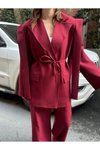 Bordo İp Bağlamalı Omuz Detaylı Astarlı Blazer Ceket