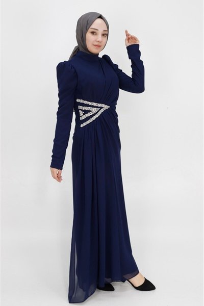 Navy Blue Chiffon Fabric Evening Dress with Stone Detail at Waist