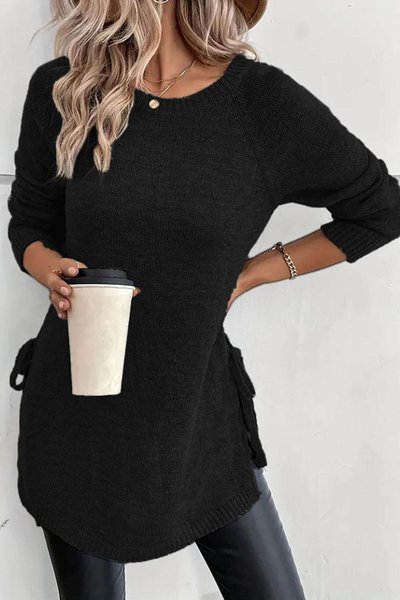 Black Long Sleeve Round Neck Side-Tie Knit Blouse