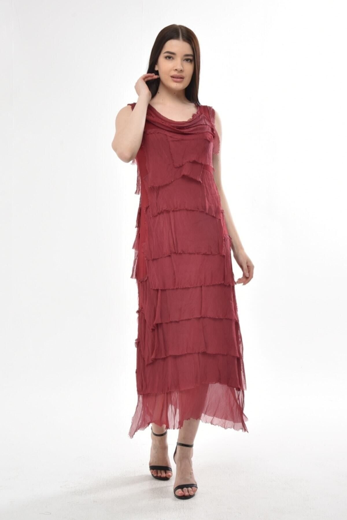 Burgundy Italian Figure-Slimming Layered Silk Midi Dress - Bohem Stil