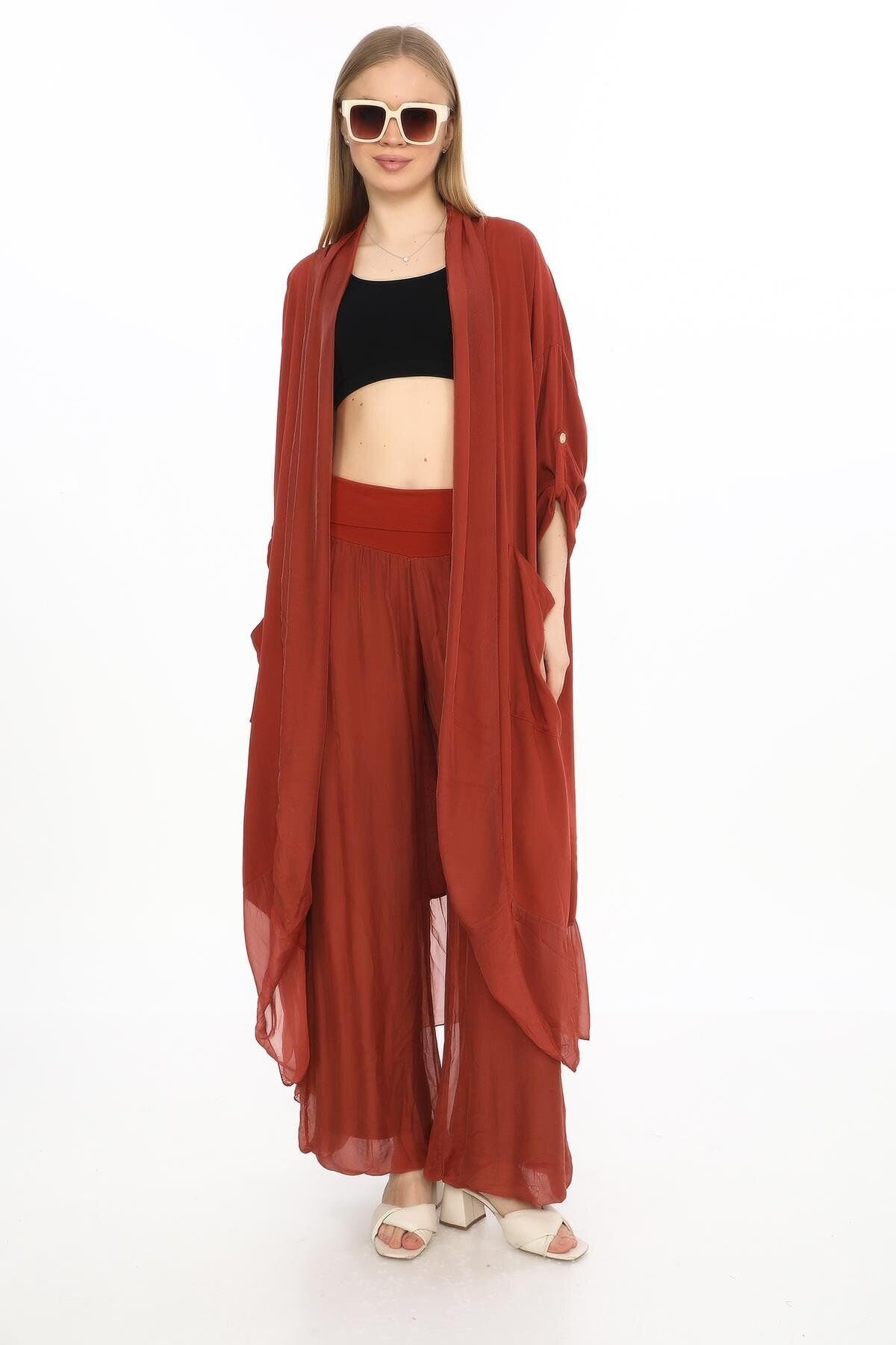 Bordo Italian Silk Detailed Oversize Kaftan Pants Set - Bohem Stil