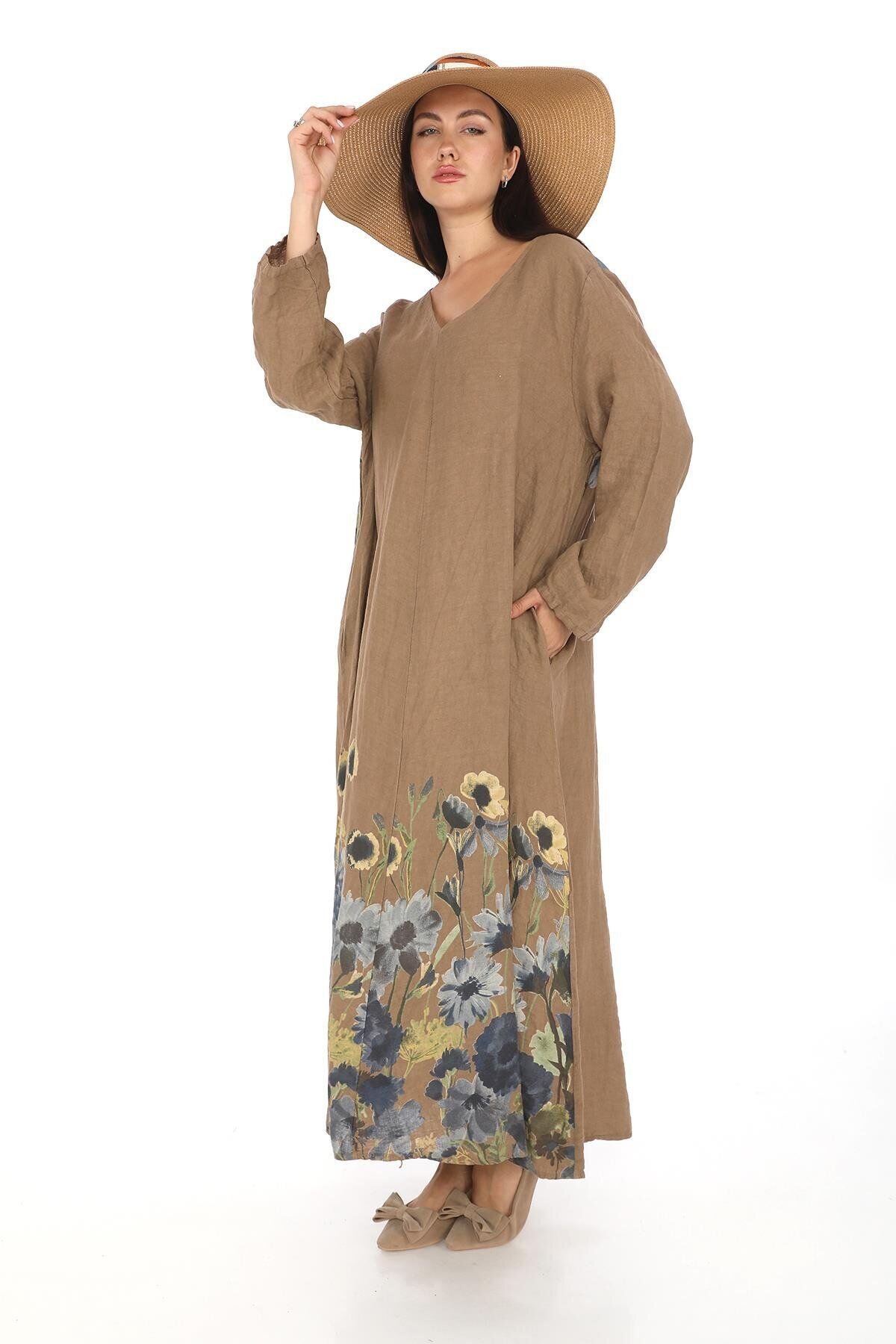 Camel Italian V-Neck Long Sleeve Digitally Printed Linen Dress - Bohem Stil