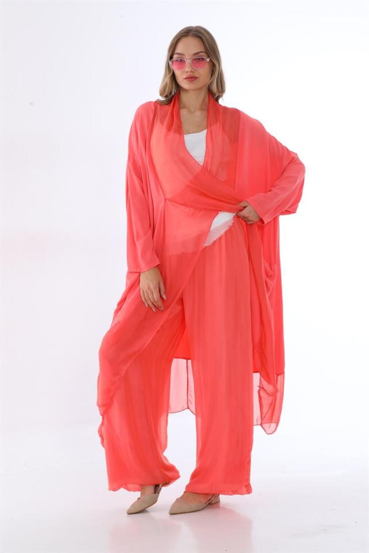 Orange Italian Silk Detailed Oversize Cape Blouse Pants Set - Bohem Stil