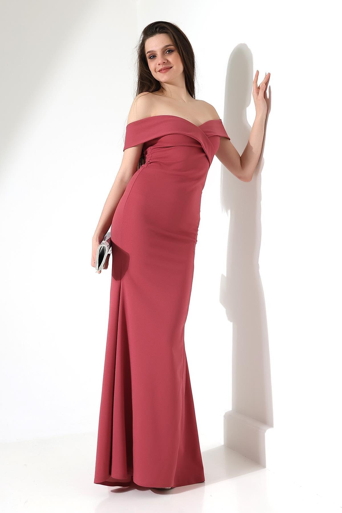 Rose Dust Boat Neck Imported Crepe Fabric Long Evening Dress - Deafox