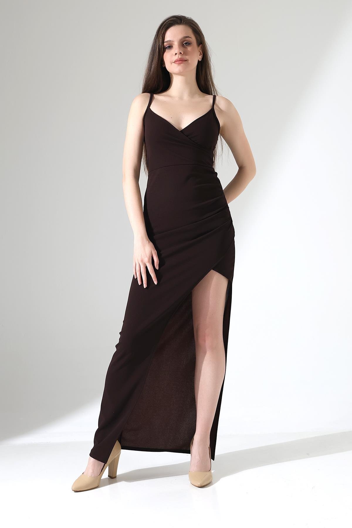 Brown Imported Crepe Fabric Spaghetti Strap Wrap Neck Slit Long Evening Dress - Deafox