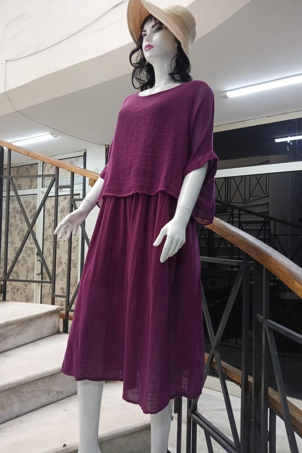 Plum Italian Muslin Linen Dress with Overlayed Mesh Blouse and Lined Midi Dress - EREN STYLE