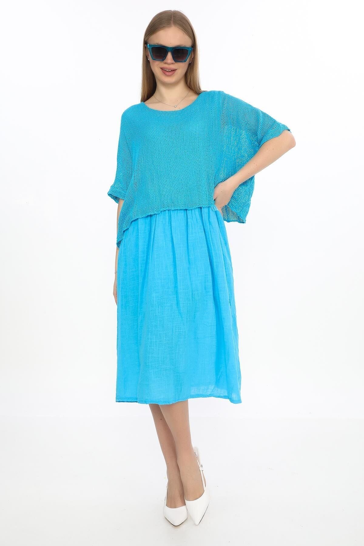 Turquoise Italian Muslin Linen Dress with Mesh Blouse and Lining Midi Length - EREN STYLE