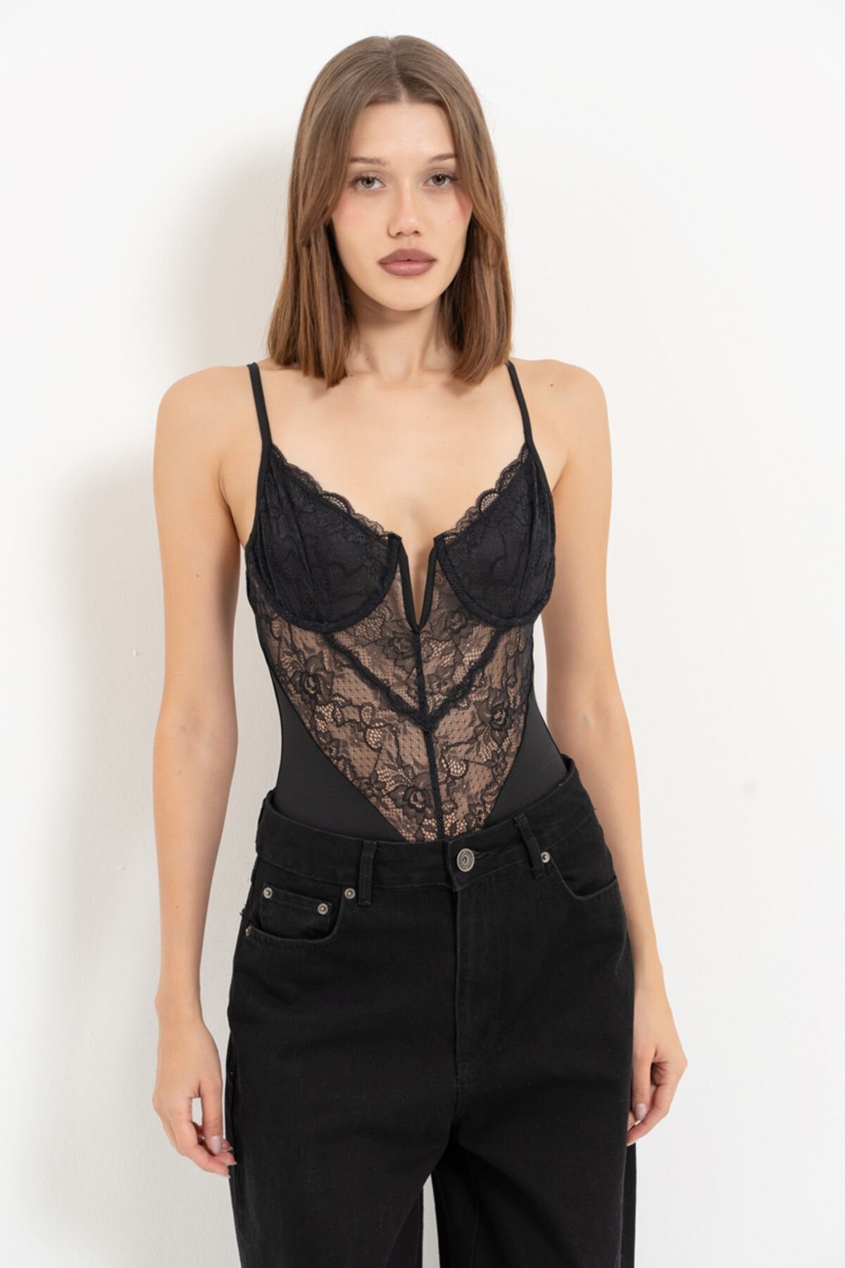 Black Strappy Lace G-string Bodysuit - Kikiriki