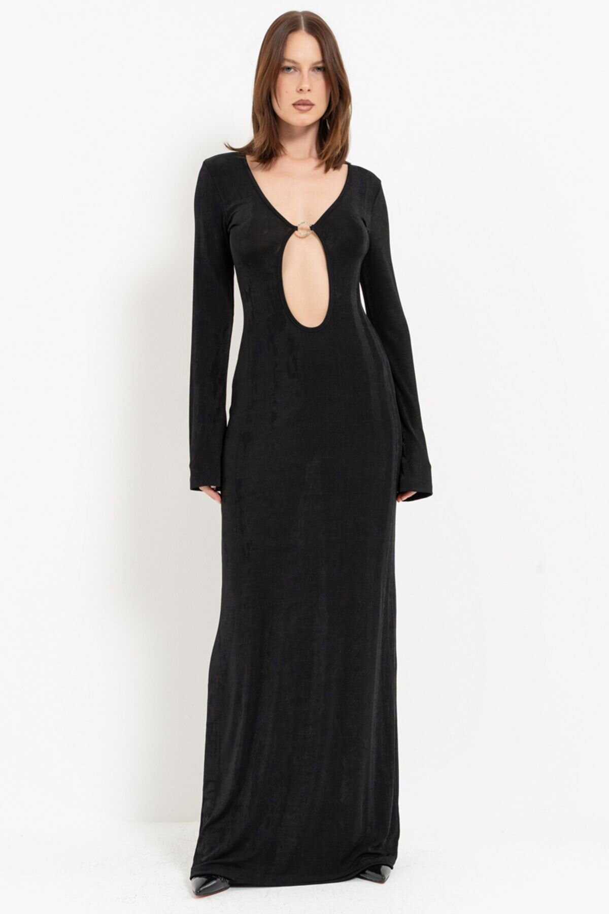 Black Chest Cut-Out Long Evening Dress - Kikiriki