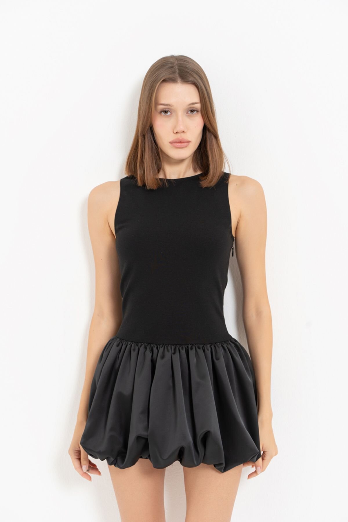 Black Satin Balloon Skirt Mini Evening Dress - Kikiriki