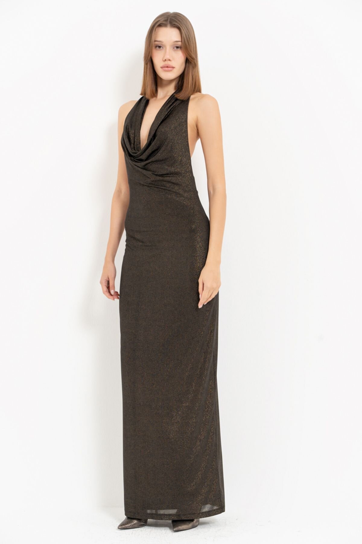 Black Backless Cowl Neck Long Evening Dress - Kikiriki