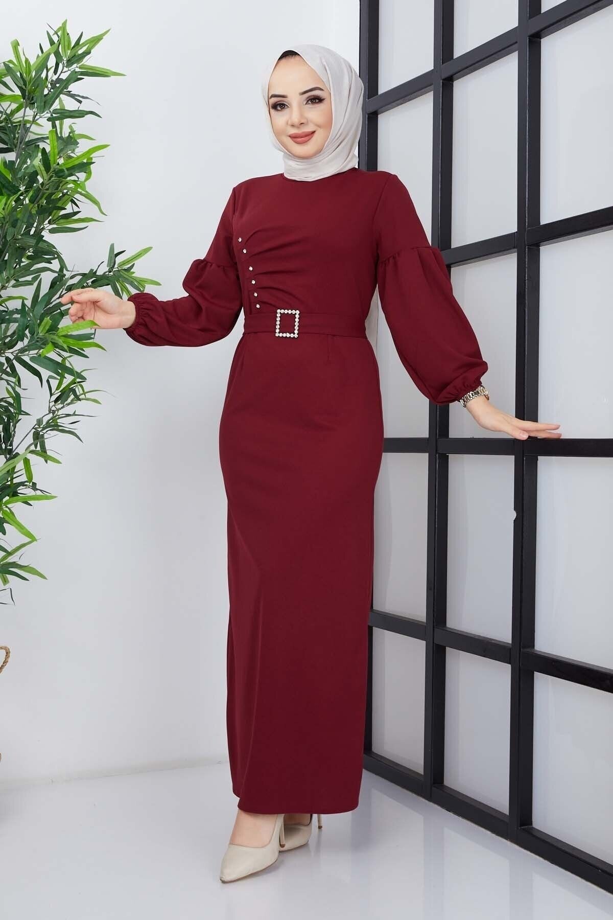 Bordo Pearl Crepe Dress - Marwella