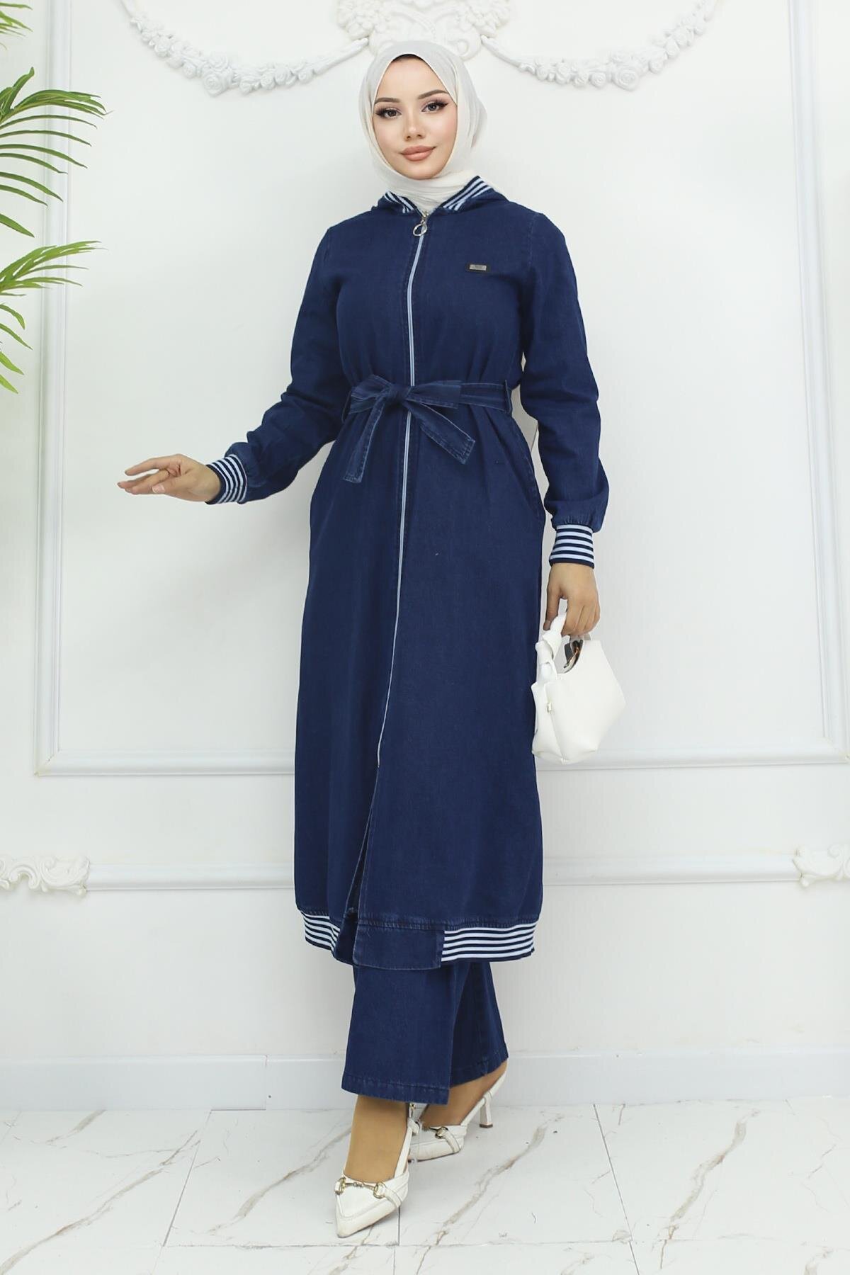 Dark Blue Hooded Ribbed Denim Set - Modamihram