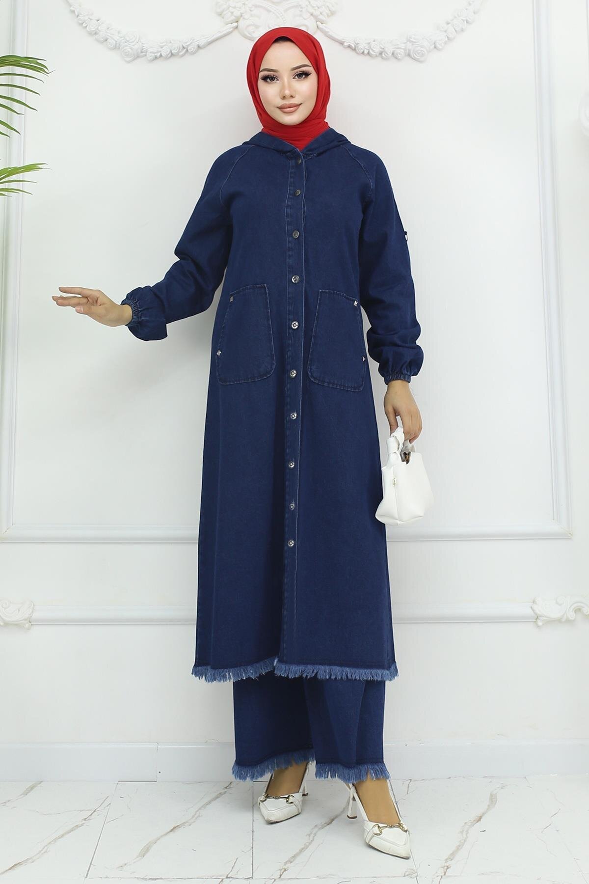 Dark Blue Tassel Detailed Denim Set - Modamihram