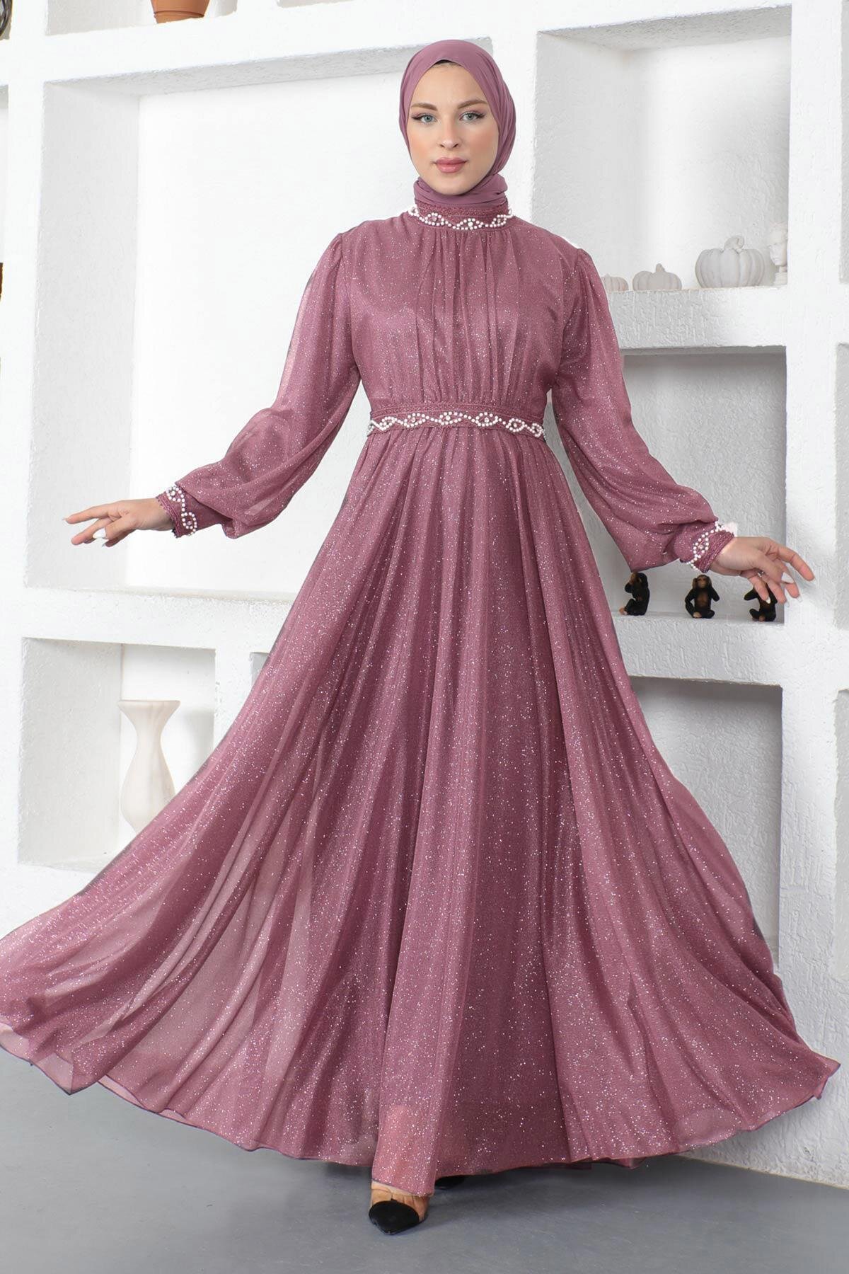 Lilac Pearl Detail Glitter Evening Dress - Modamihram