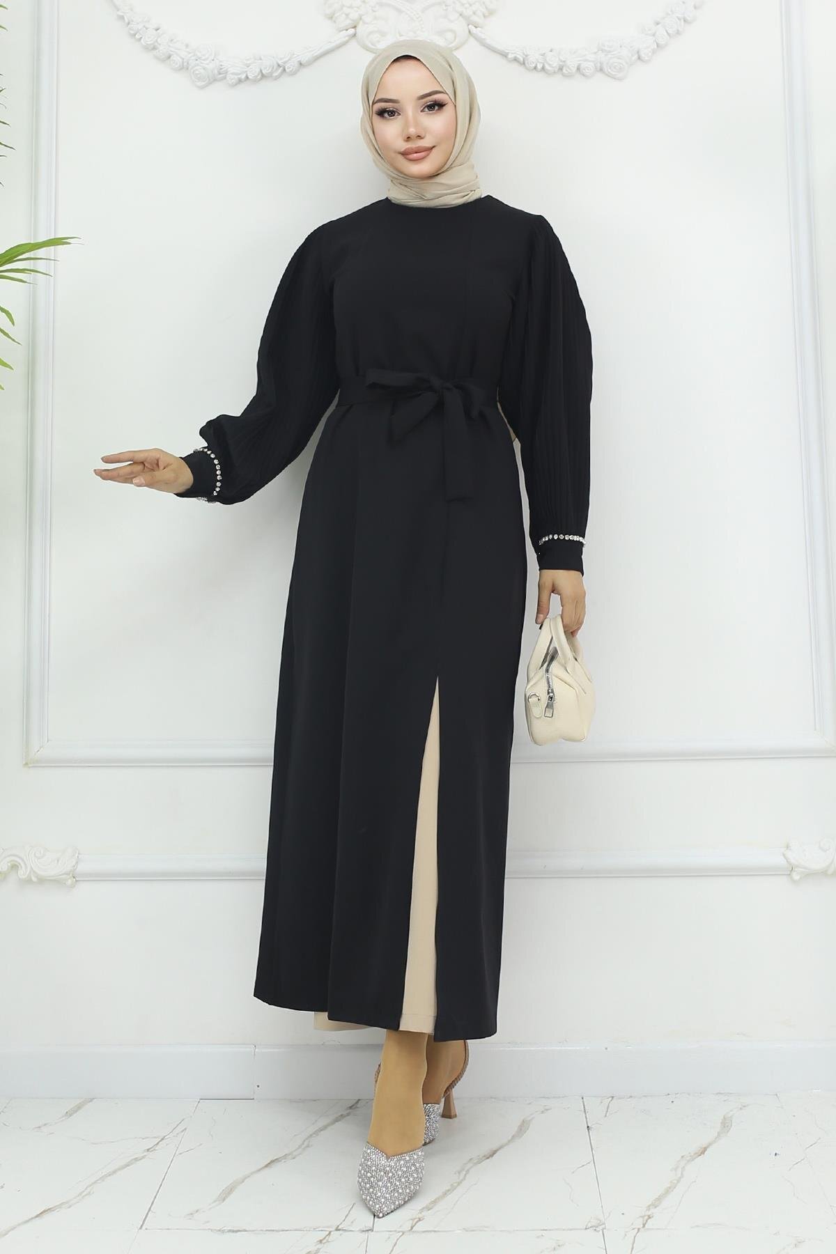 Black Pleated Slit Set - Modamihram