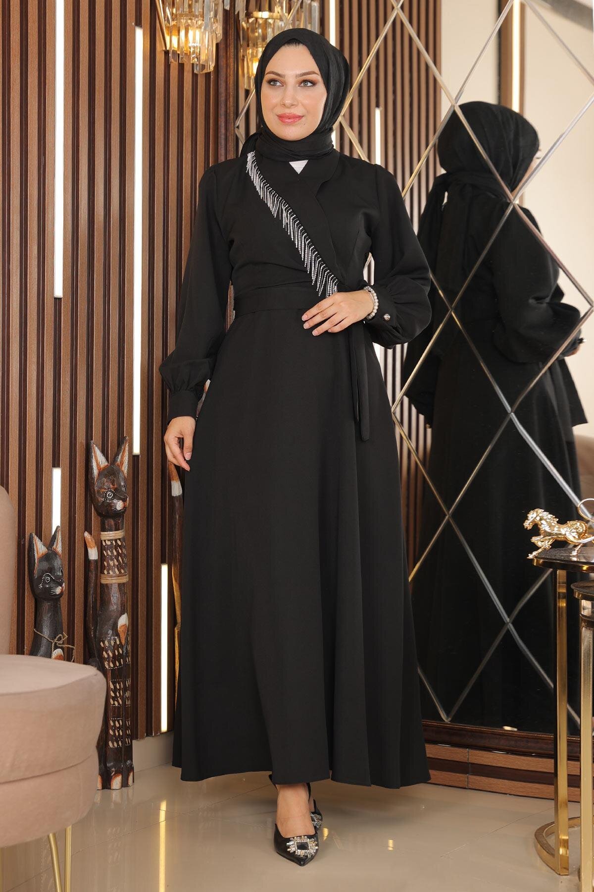 Black Stone Tassel Evening Dress - Modamihram