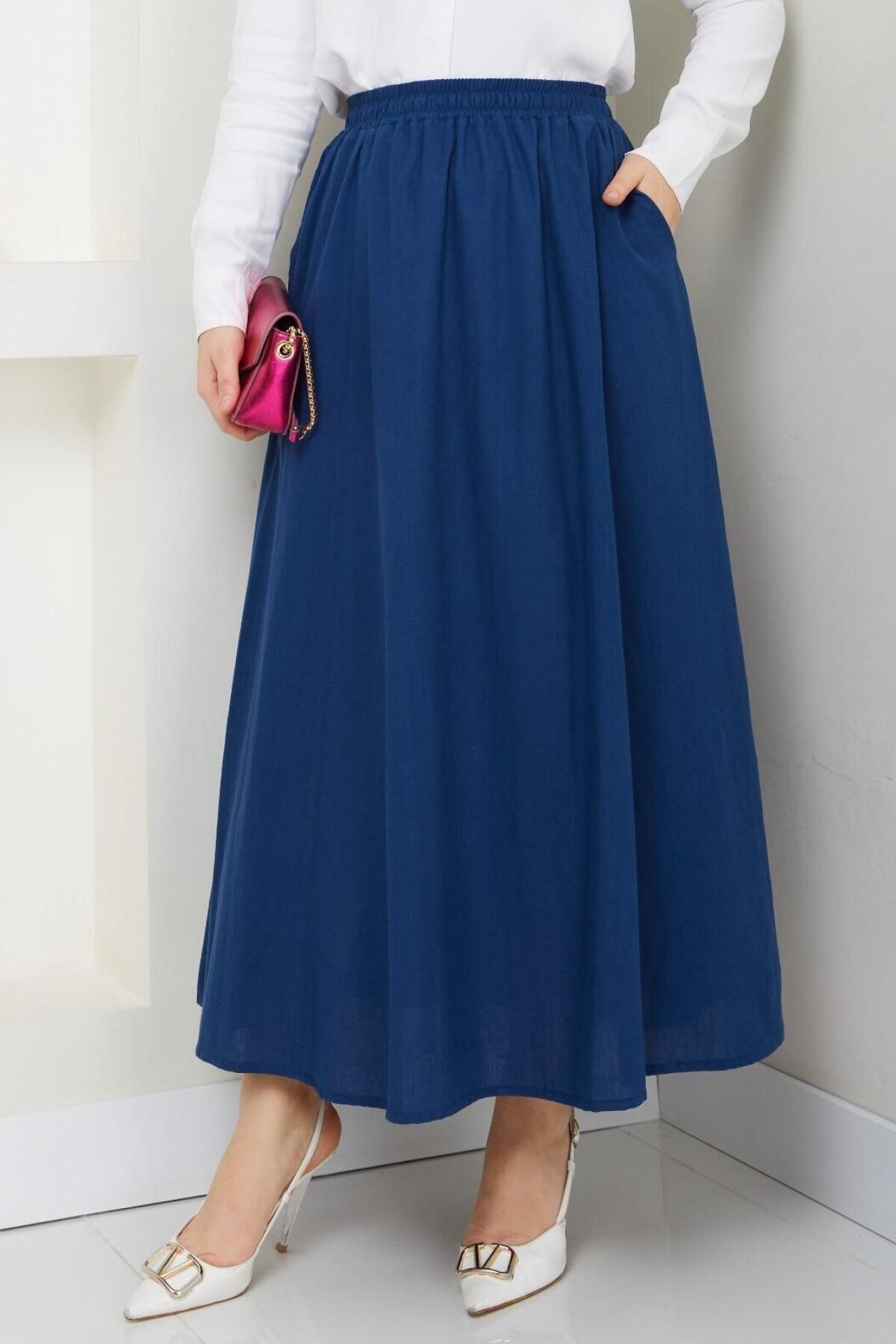 Indigo Pocketed Elastic Waist Long Linen Skirt - Nergis Neva Butik