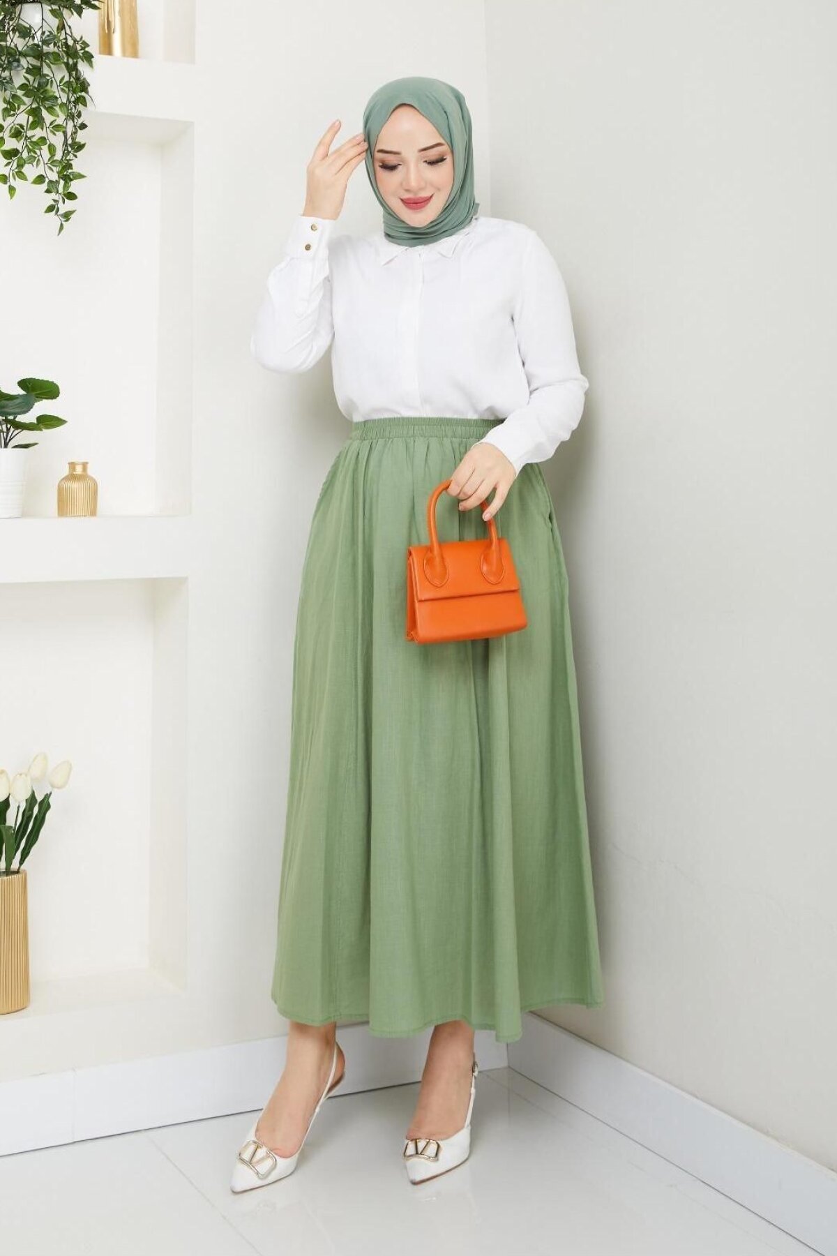 Green Pocketed Elastic Waist Long Linen Skirt - Nergis Neva Butik