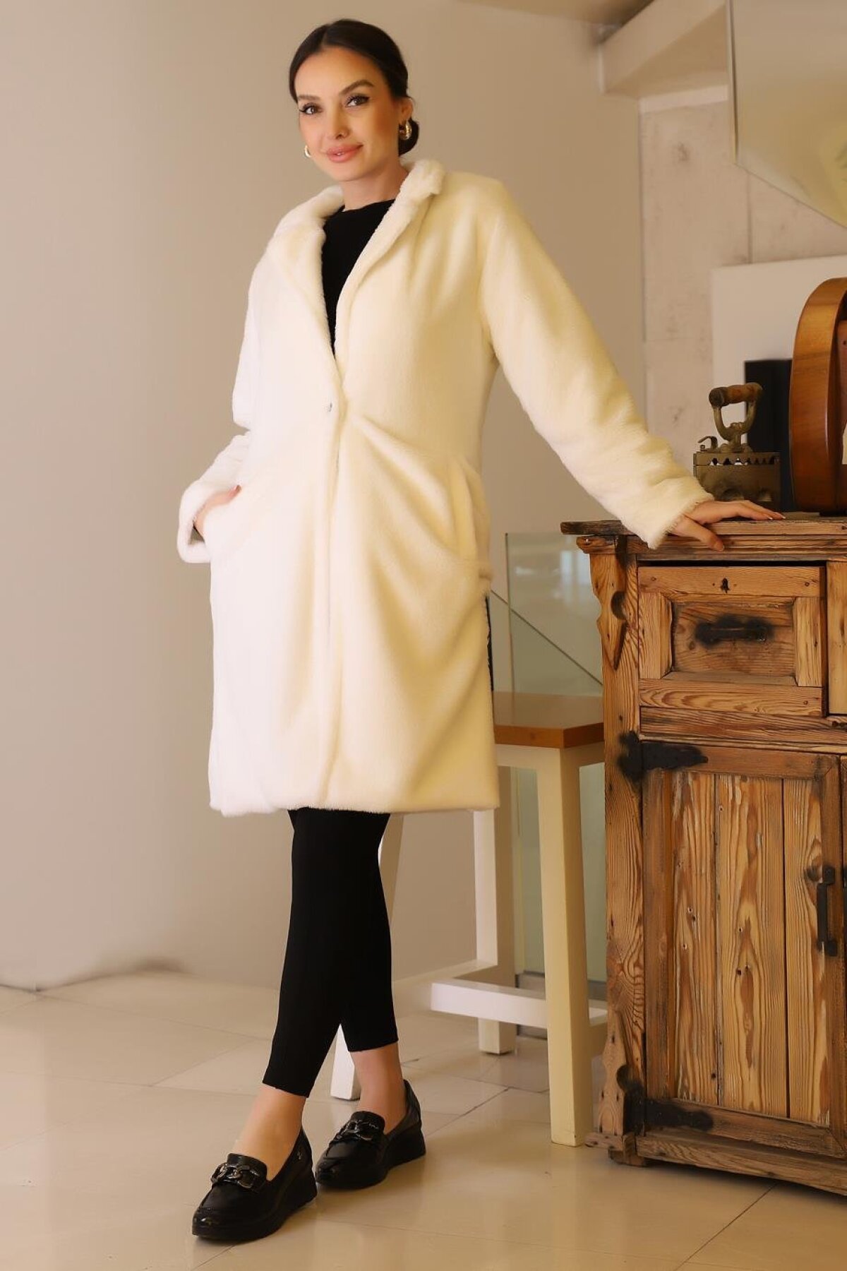 White Pocket Single Button Coat - Pınar Giyim