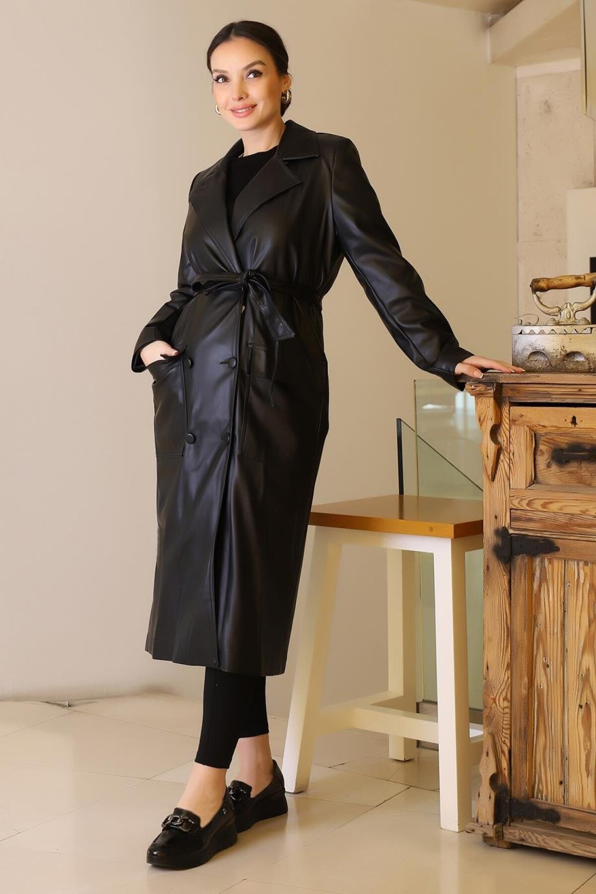 Black Pocket Buttoned Trench Coat - Robin