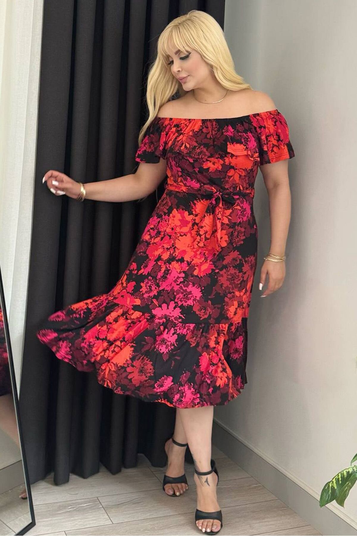 Red Floral Patterned Off-Shoulder Frilled Hem Stretchy Viscose Plus Size Midi Dress - RURIS