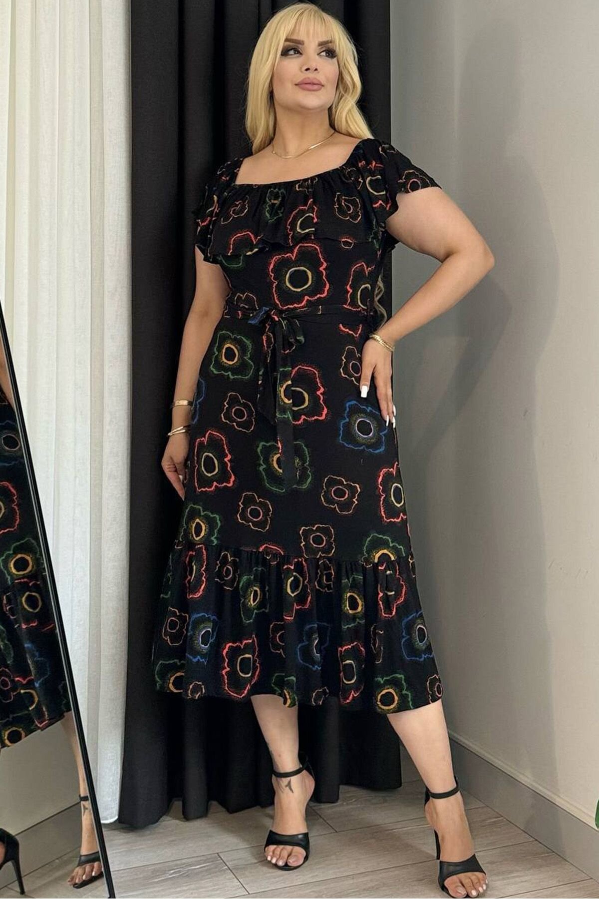 Black Neon Floral Pattern Off-Shoulder Frilled Hem Stretchy Viscose Plus Size Midi Dress - RURIS