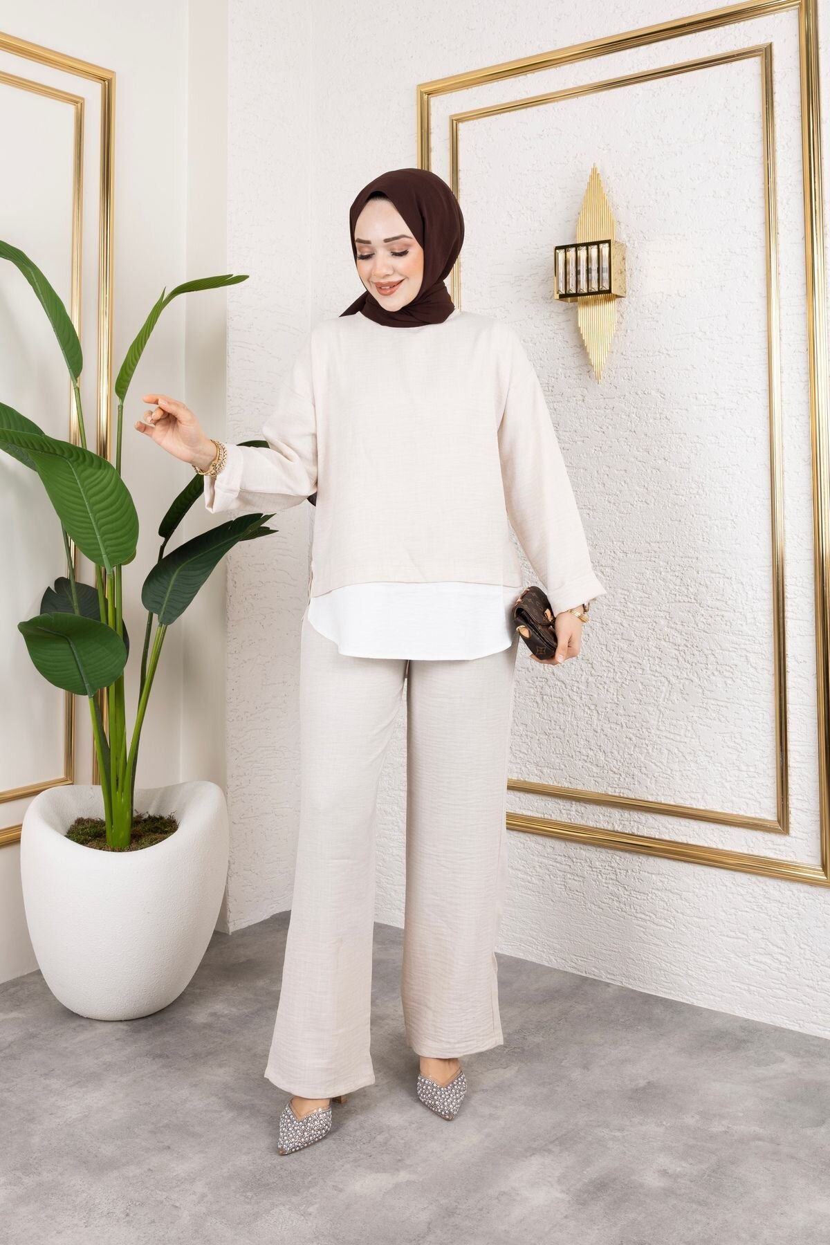 Beige Round Neck Shirt Detailed Linen Two-Piece Pants Set - SFG Life Moda