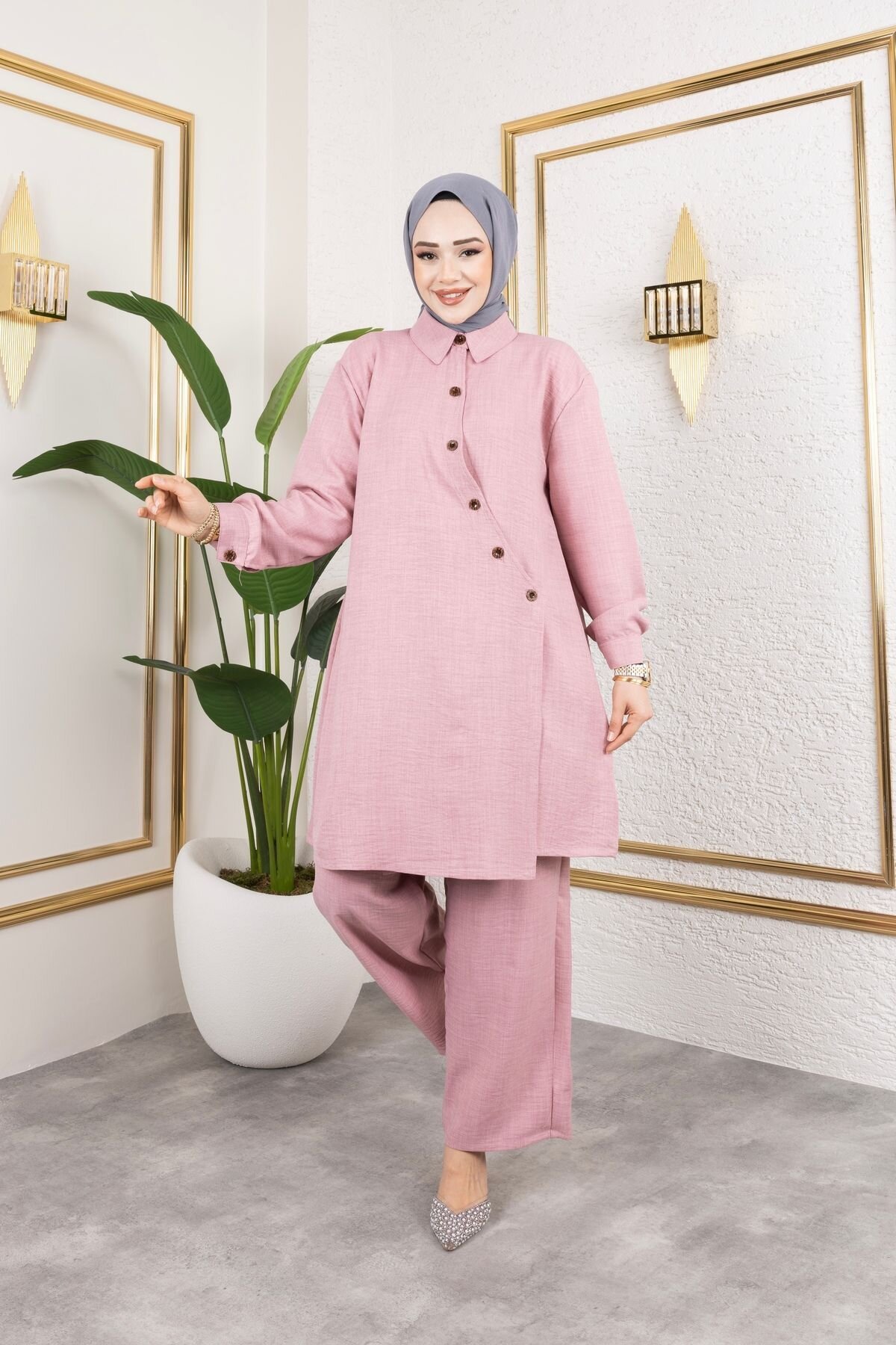 Rose Collar Cross Button Front and Inner Tied Pants Linen Two-Piece Set - SFG Life Moda