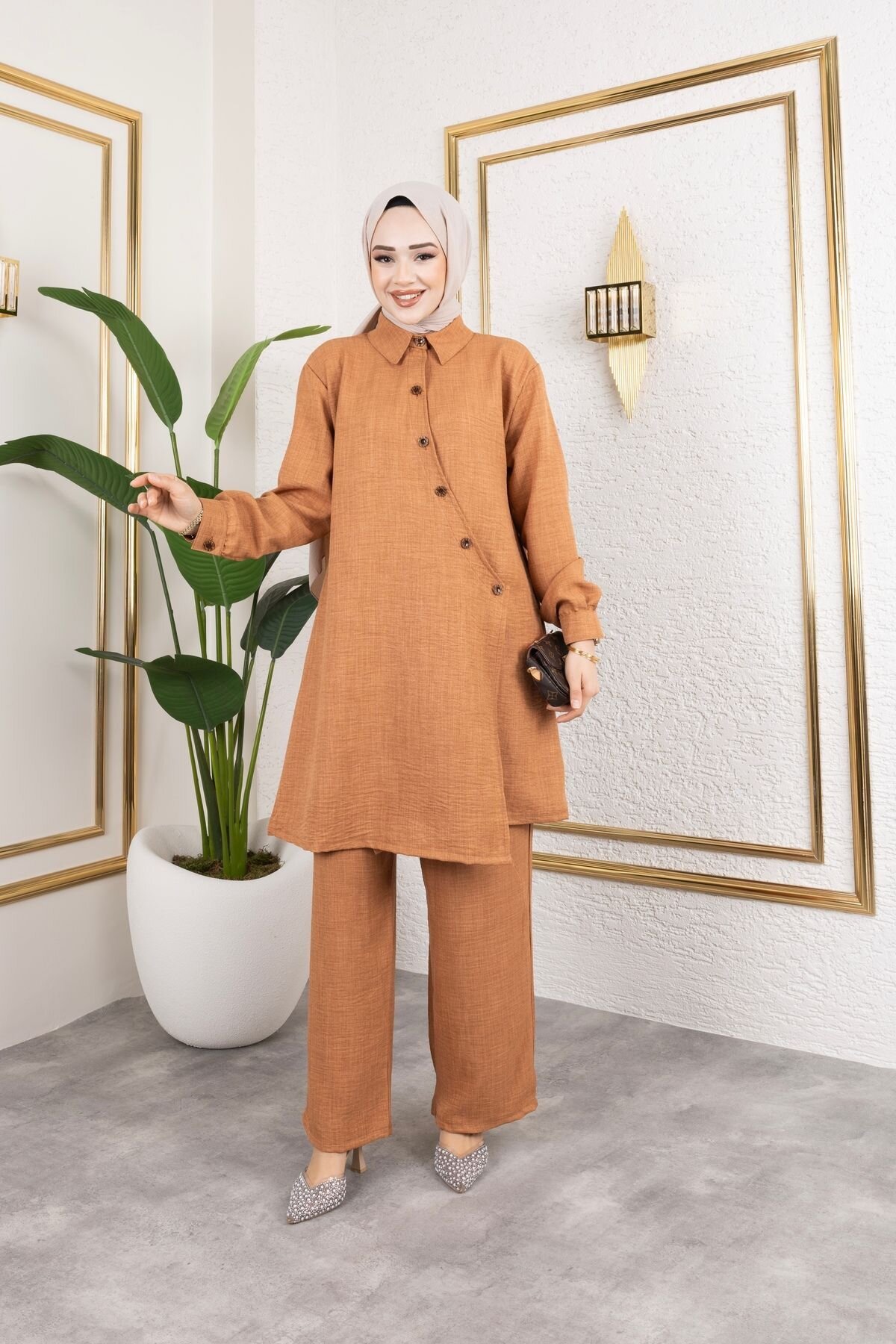 Brick Shirt Collar Front Cross Buttoned and Inner Tied Double Linen Set with Pants - SFG Life Moda